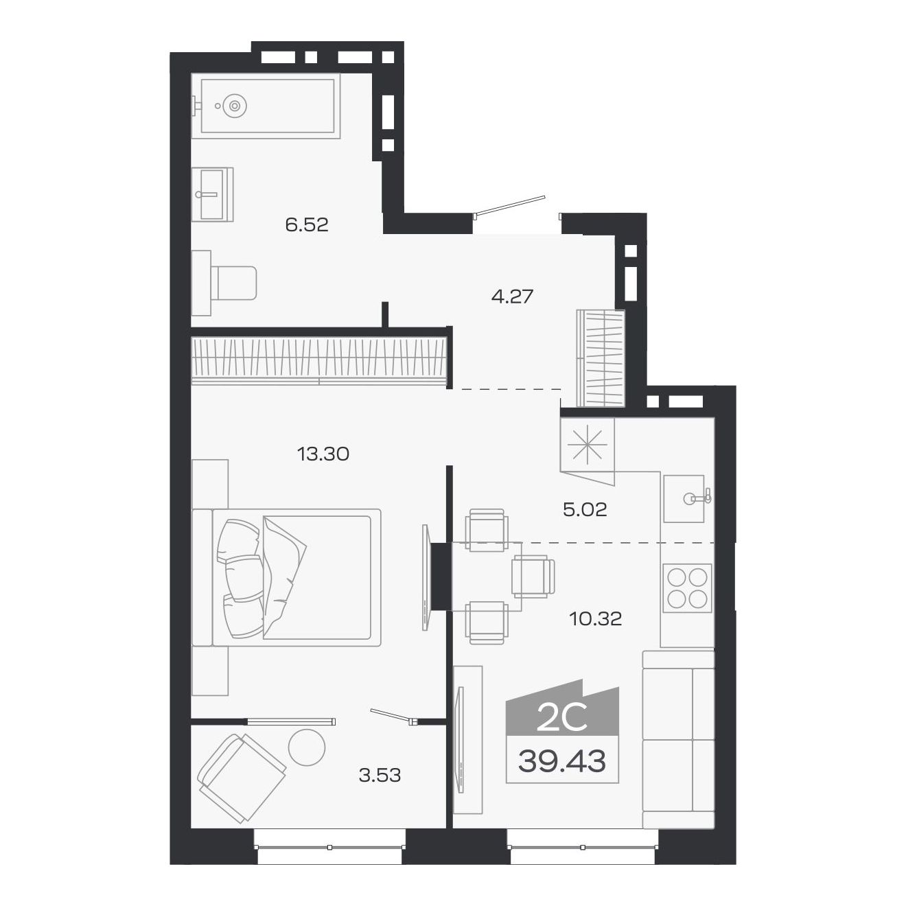 2-комнатная, 39.43 м², № 105 в Базилик