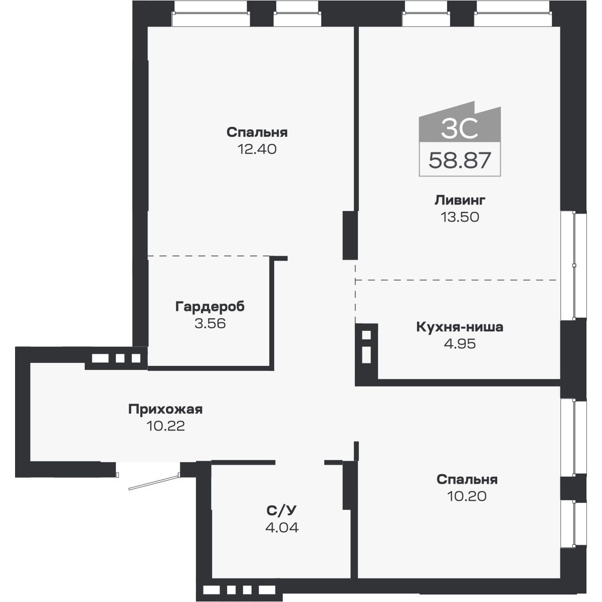 3-комнатная, 58.87 м², № 100 в Базилик