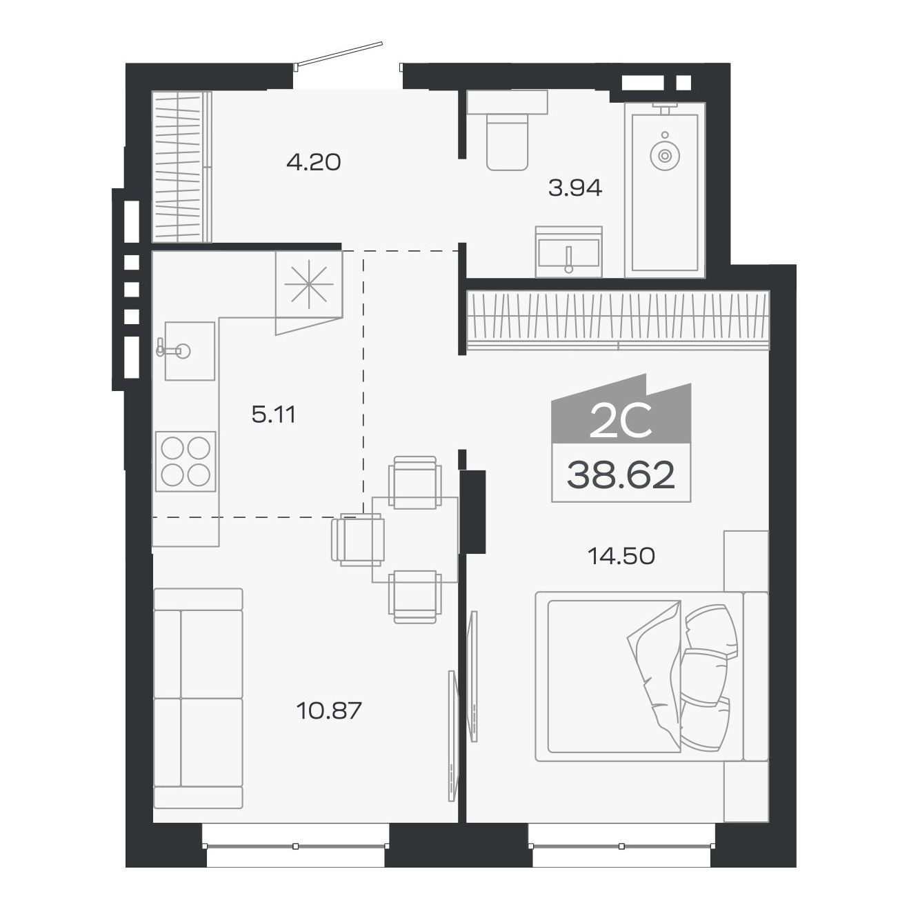 2-комнатная, 38.62 м², № 103 в Базилик