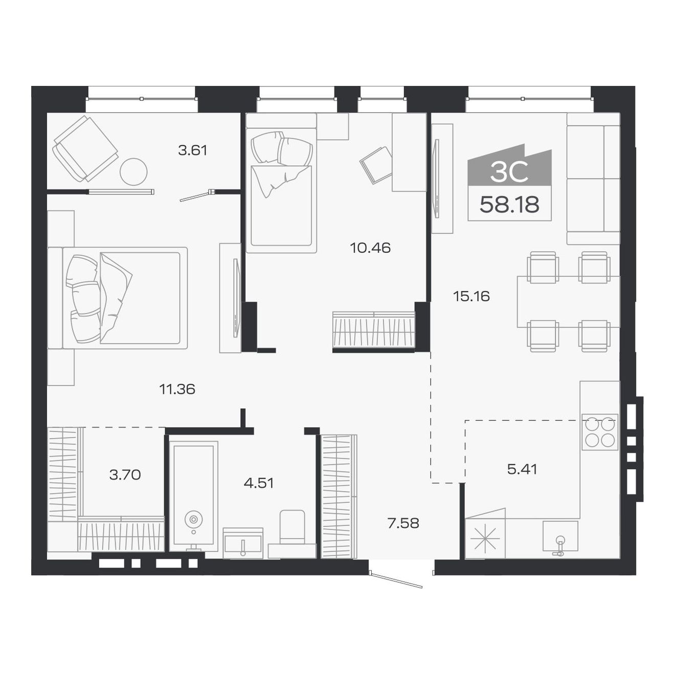 3-комнатная, 58.18 м², № 106 в Базилик