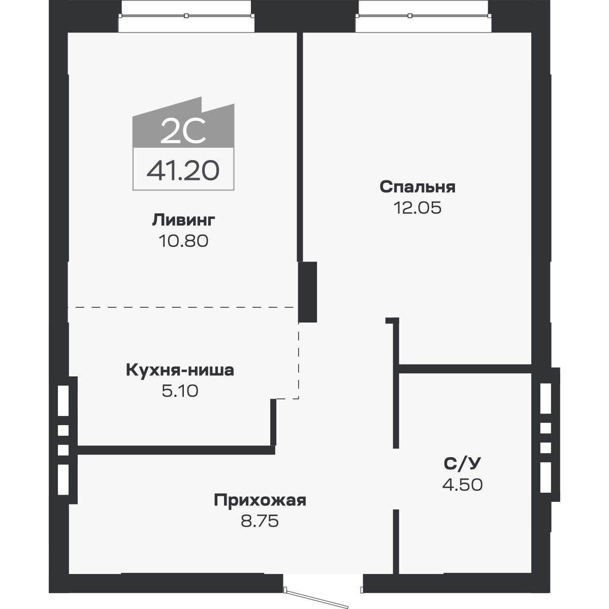 2-комнатная, 41.2 м², № 107 в Базилик