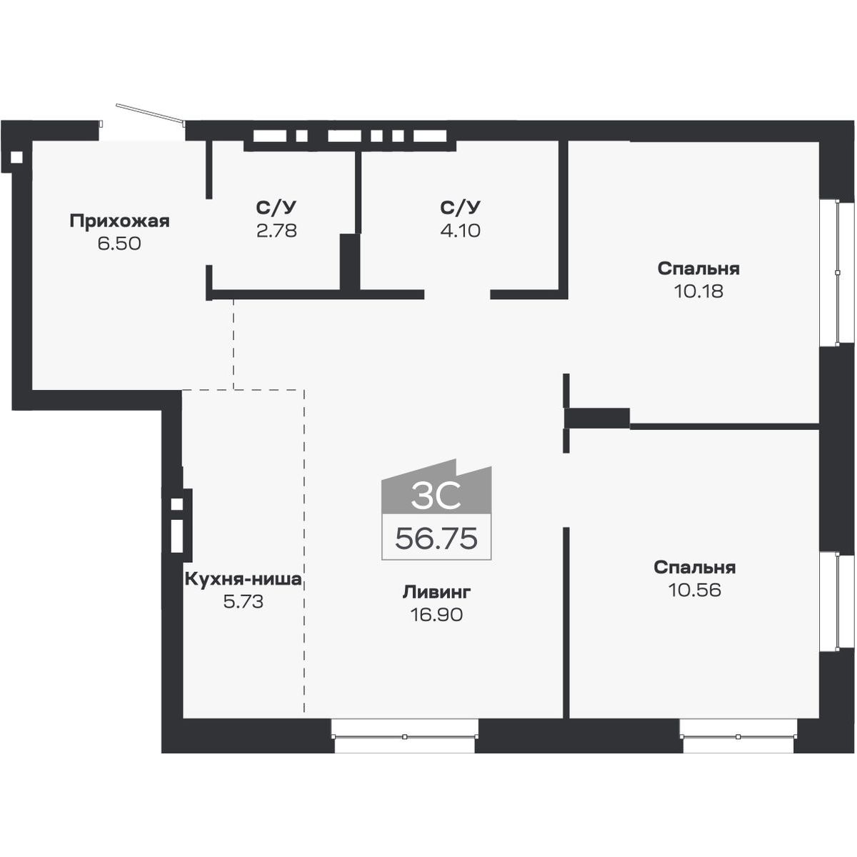 3-комнатная, 56.75 м², № 111 в Базилик