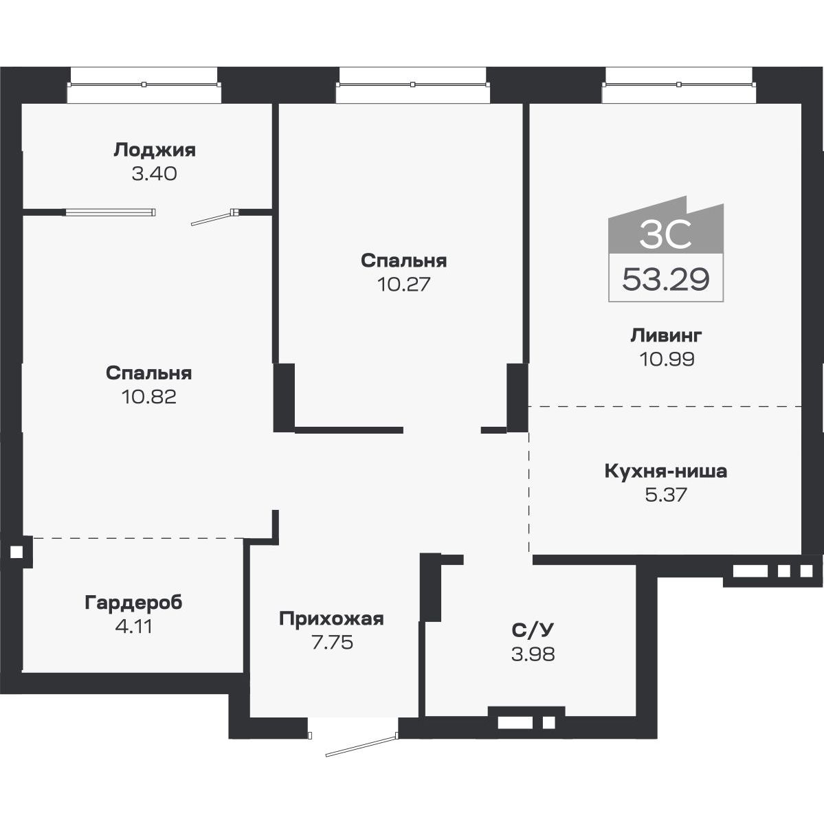 3-комнатная, 53.29 м², № 109 в Базилик