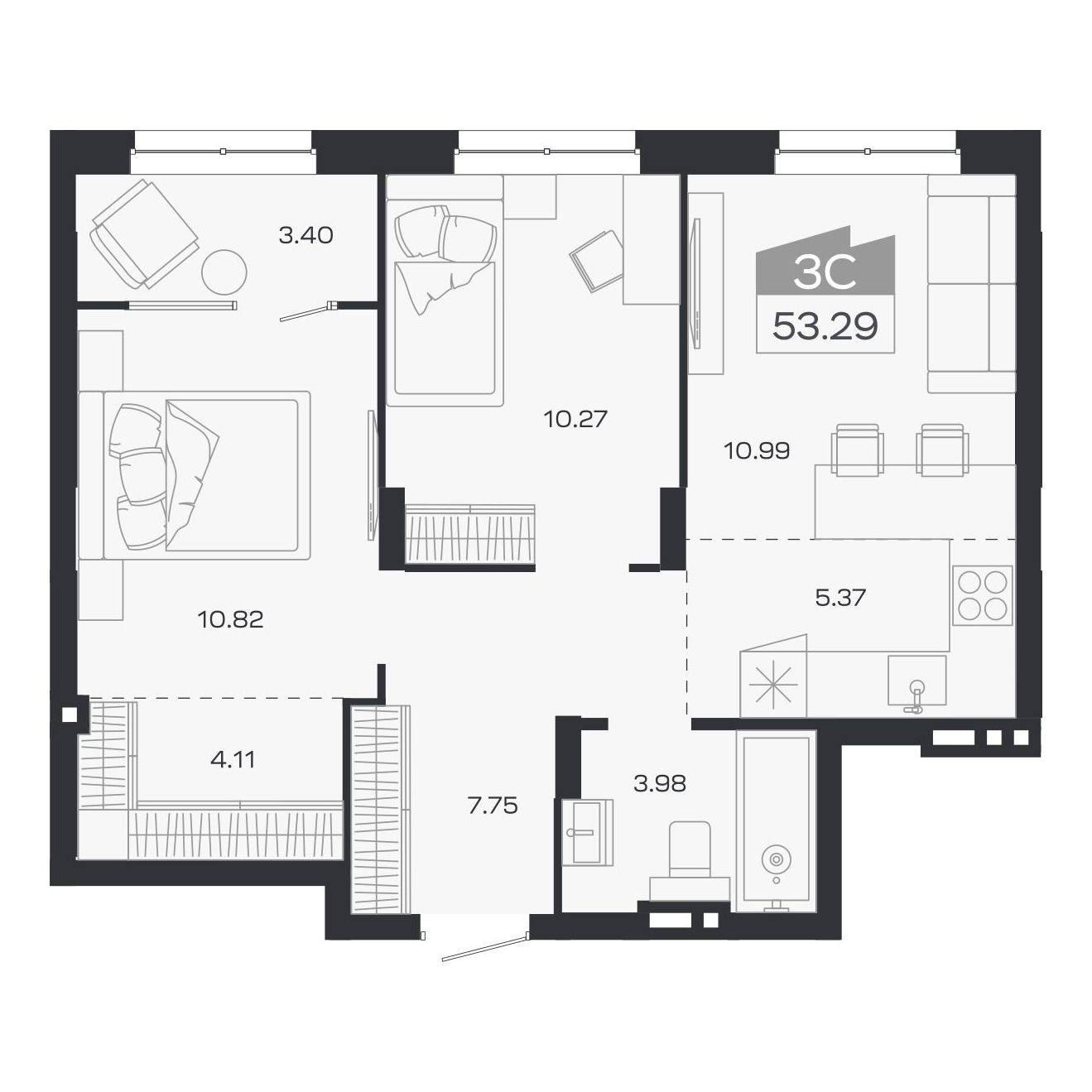 3-комнатная, 53.29 м², № 109 в Базилик