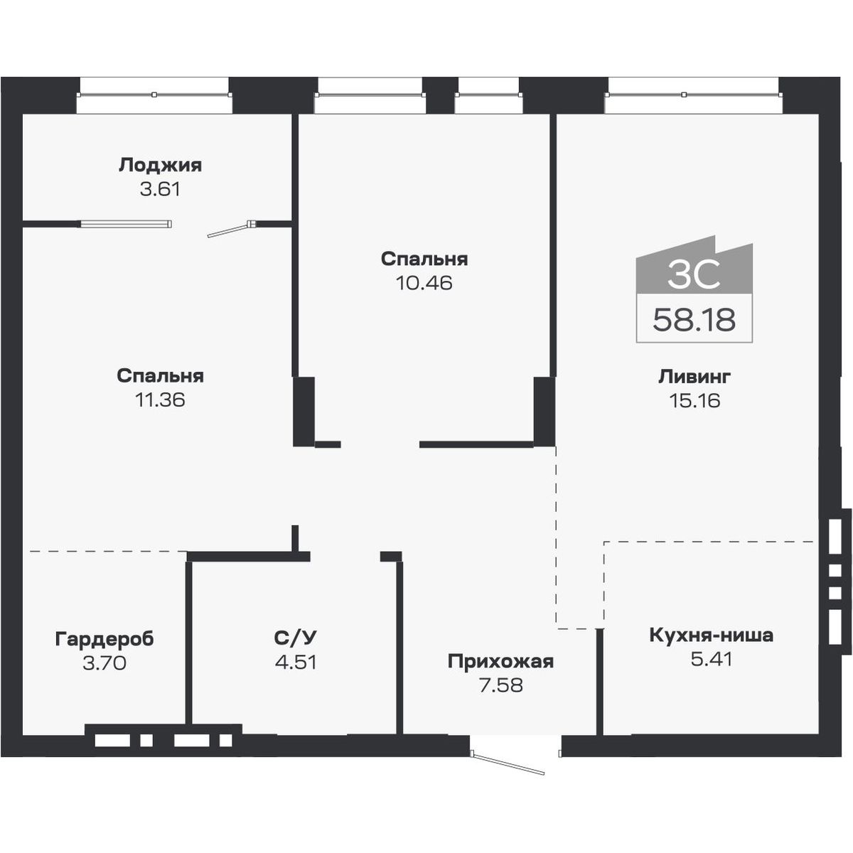 3-комнатная, 58.18 м², № 106 в Базилик