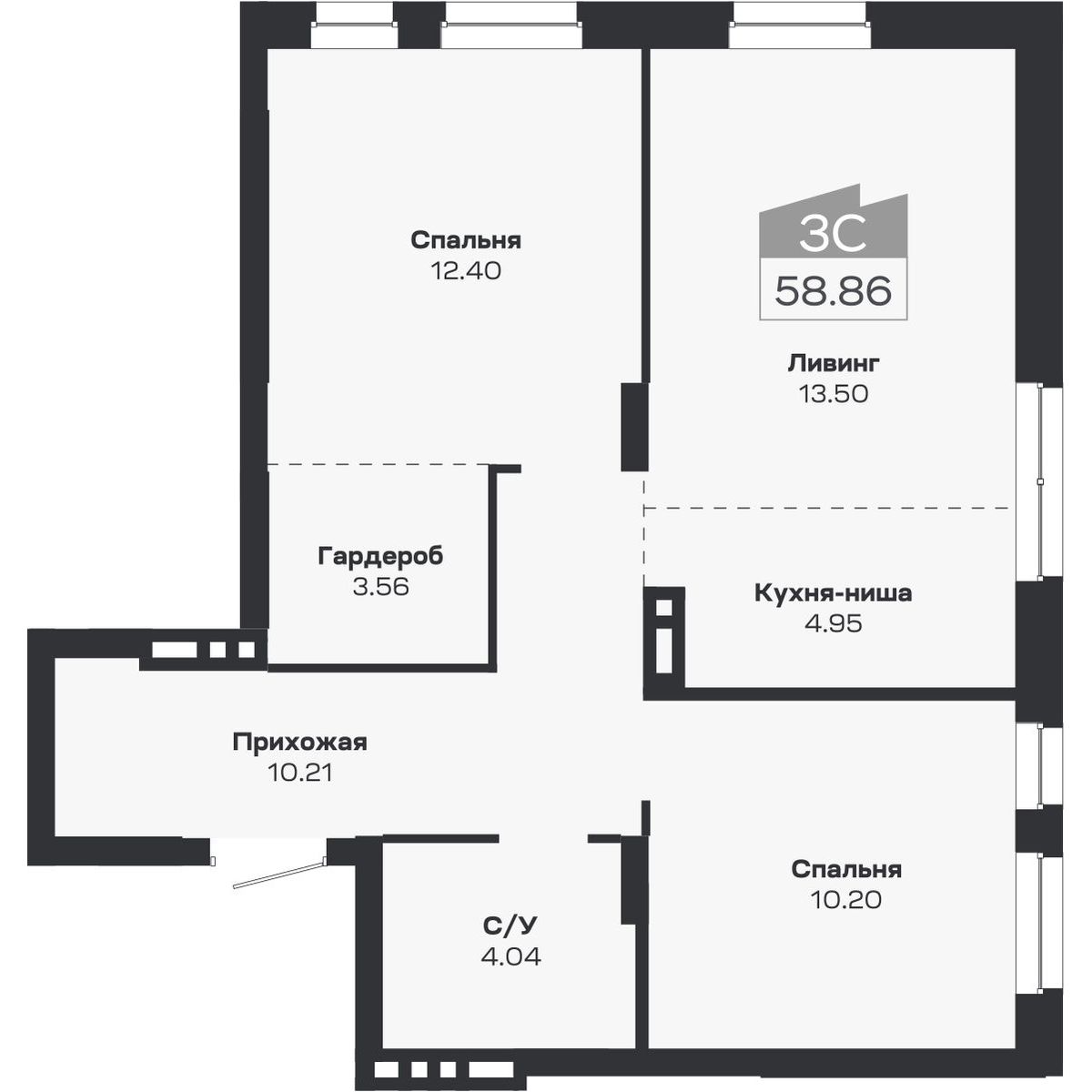 3-комнатная, 58.86 м², № 110 в Базилик