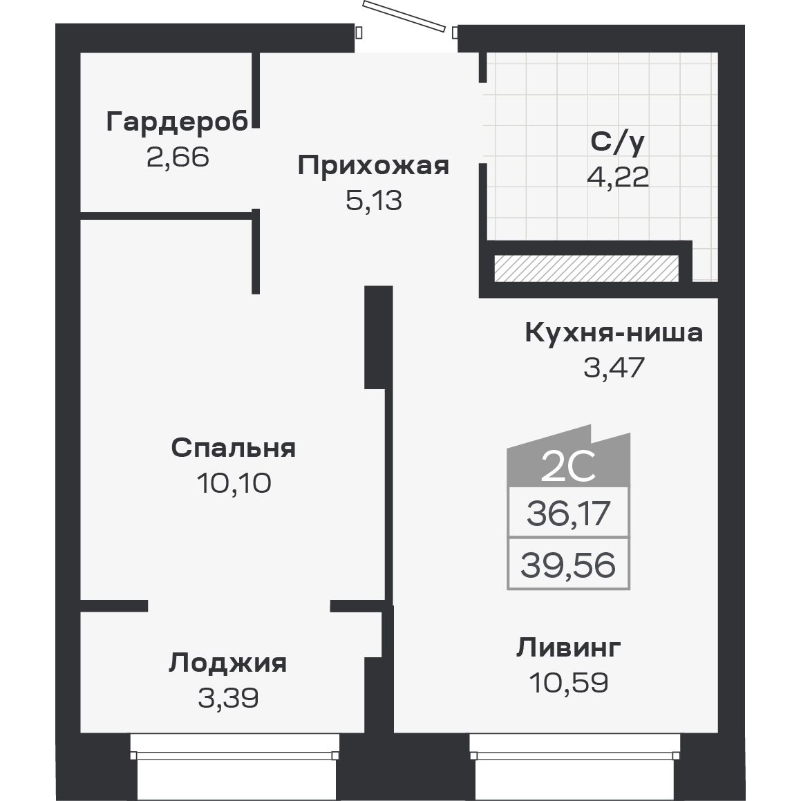 2-комнатная, 39.56 м², № 380 в Ясный берег-город у воды