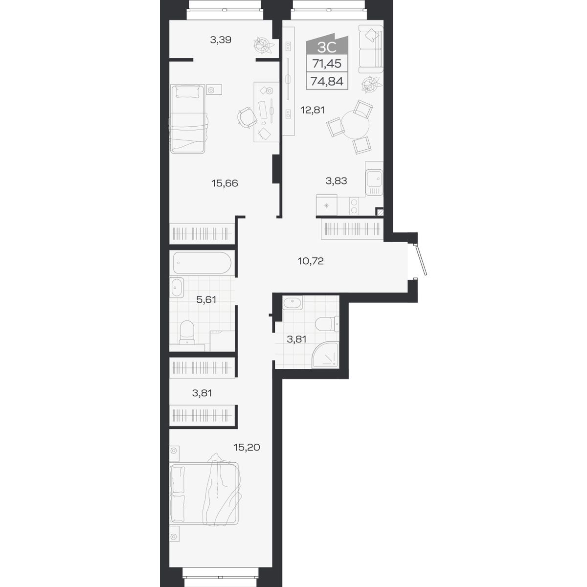 3-комнатная, 74.84 м², № 412 в Ясный берег-город у воды
