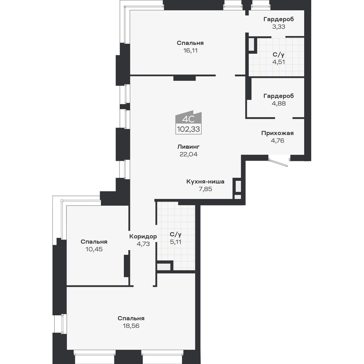 4-комнатная, 102.33 м², № 337 в Ясный берег-город у воды