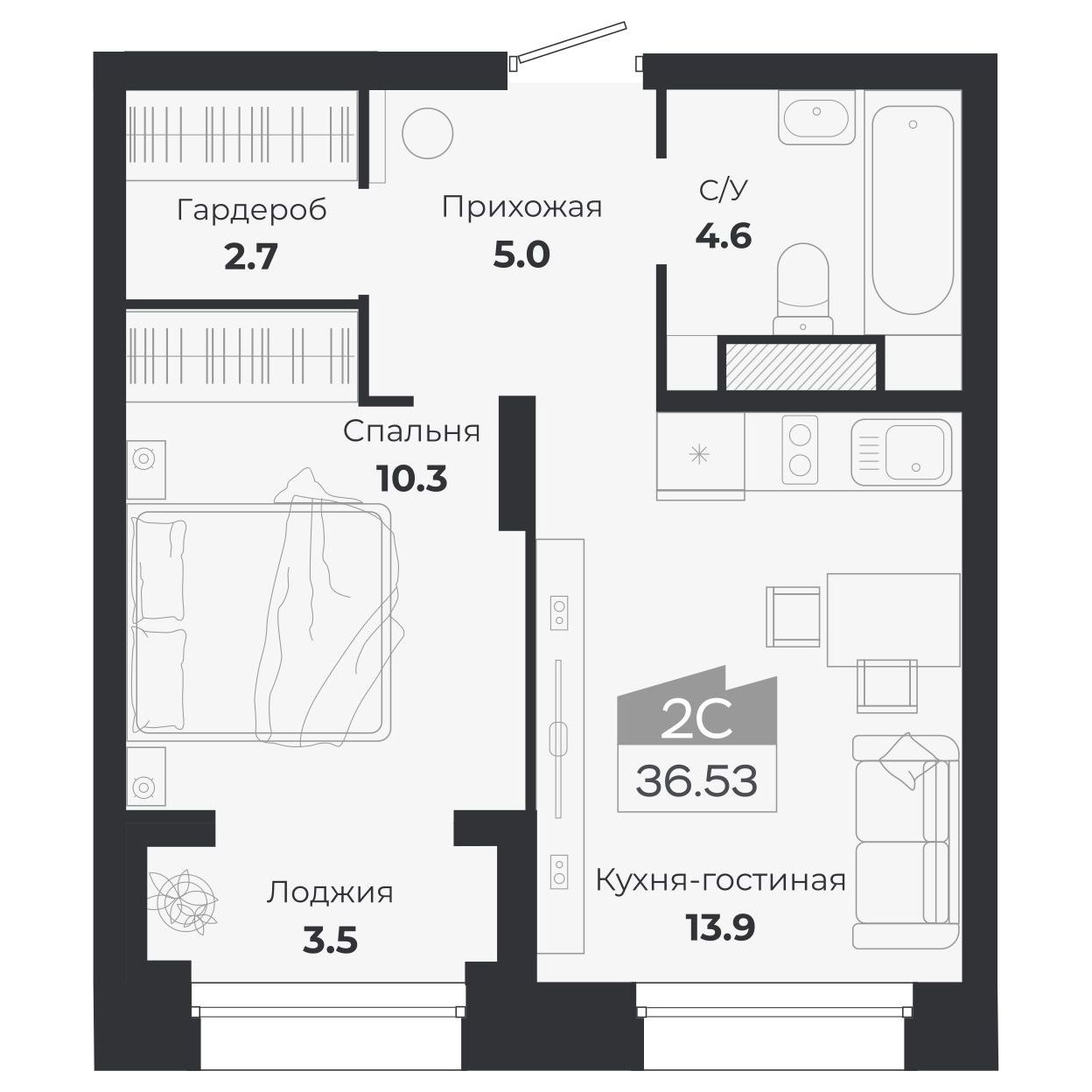 2-комнатная, 39.37 м², № 366 в Ясный берег-город у воды