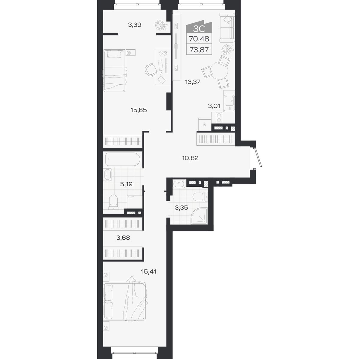 3-комнатная, 73.87 м², № 424 в Ясный берег-город у воды