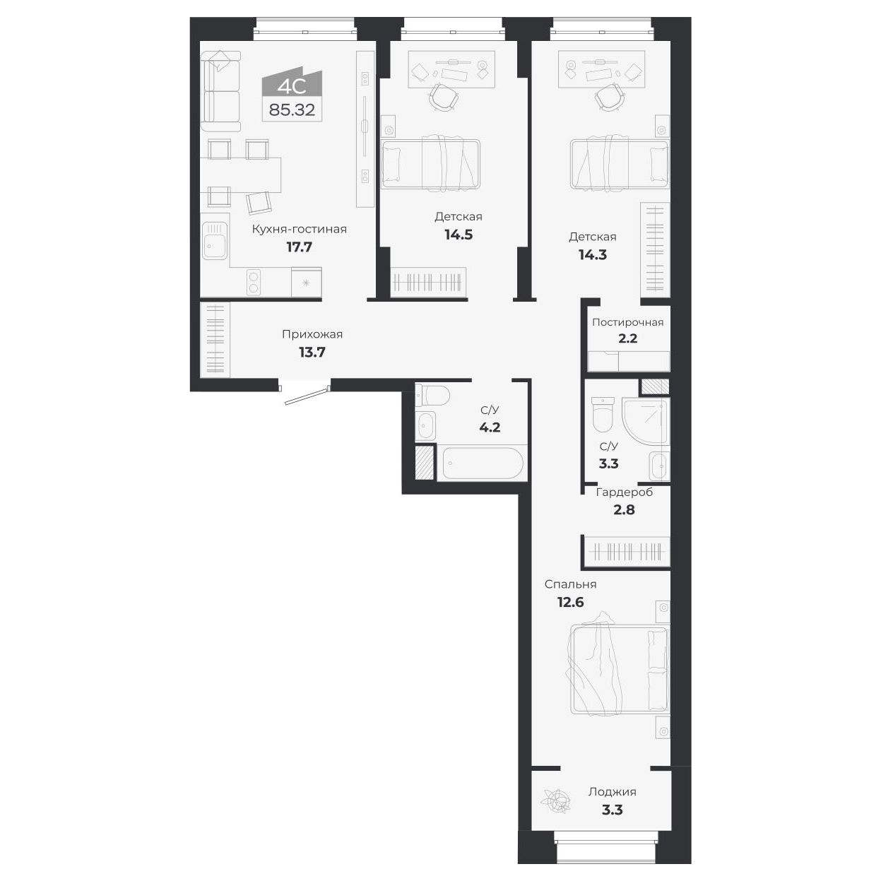 4-комнатная, 89.21 м², № 313 в Ясный берег-город у воды