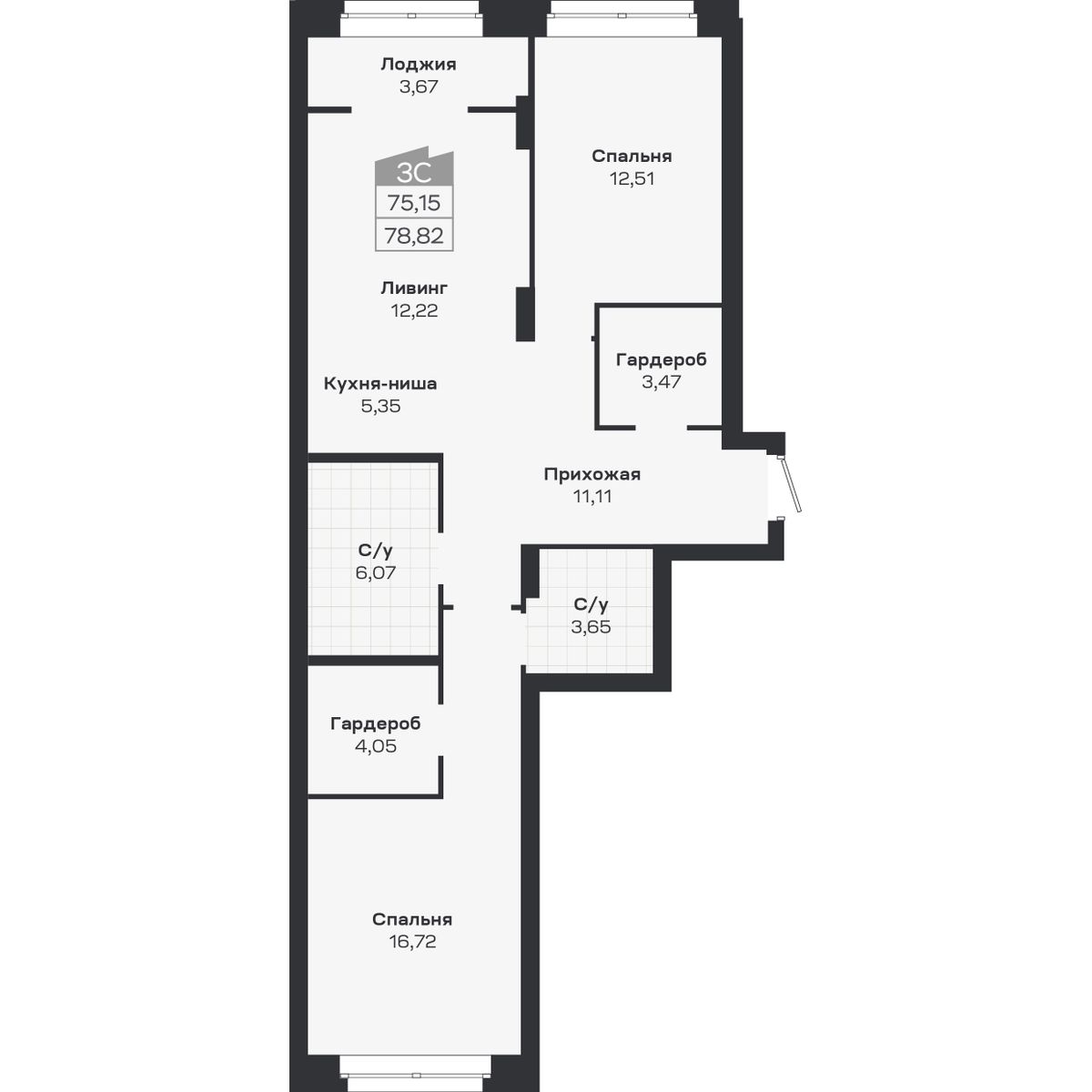 3-комнатная, 78.82 м², № 439 в Ясный берег-город у воды
