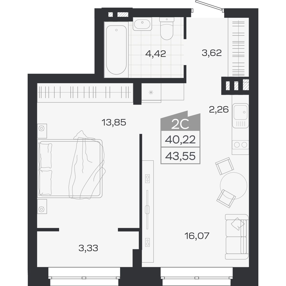 2-комнатная, 43.55 м², № 454 в Ясный берег-город у воды