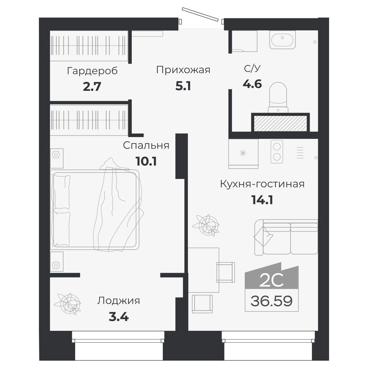 2-комнатная, 39.94 м², № 380 в Ясный берег-город у воды