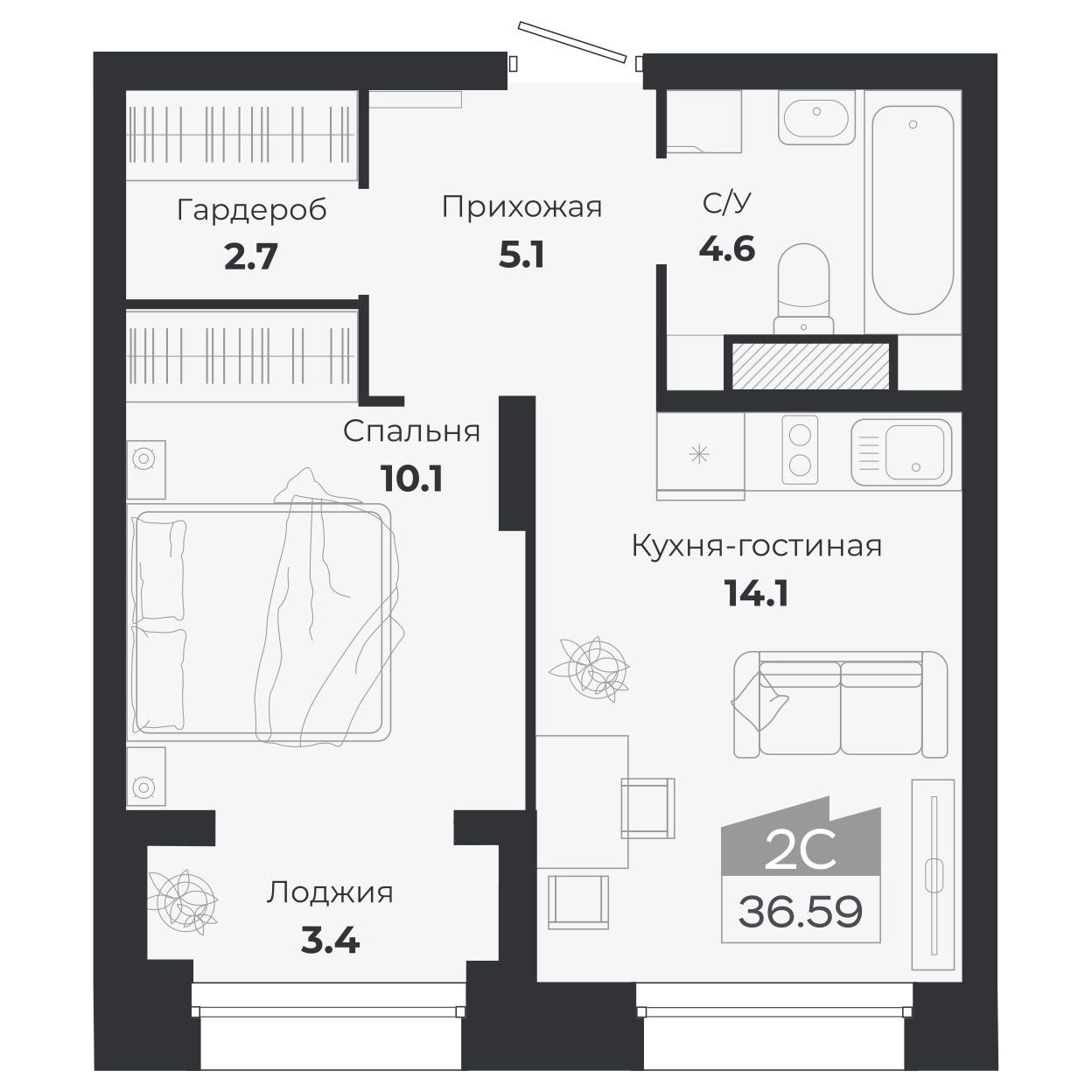 2-комнатная, 39.38 м², № 360 в Ясный берег-город у воды