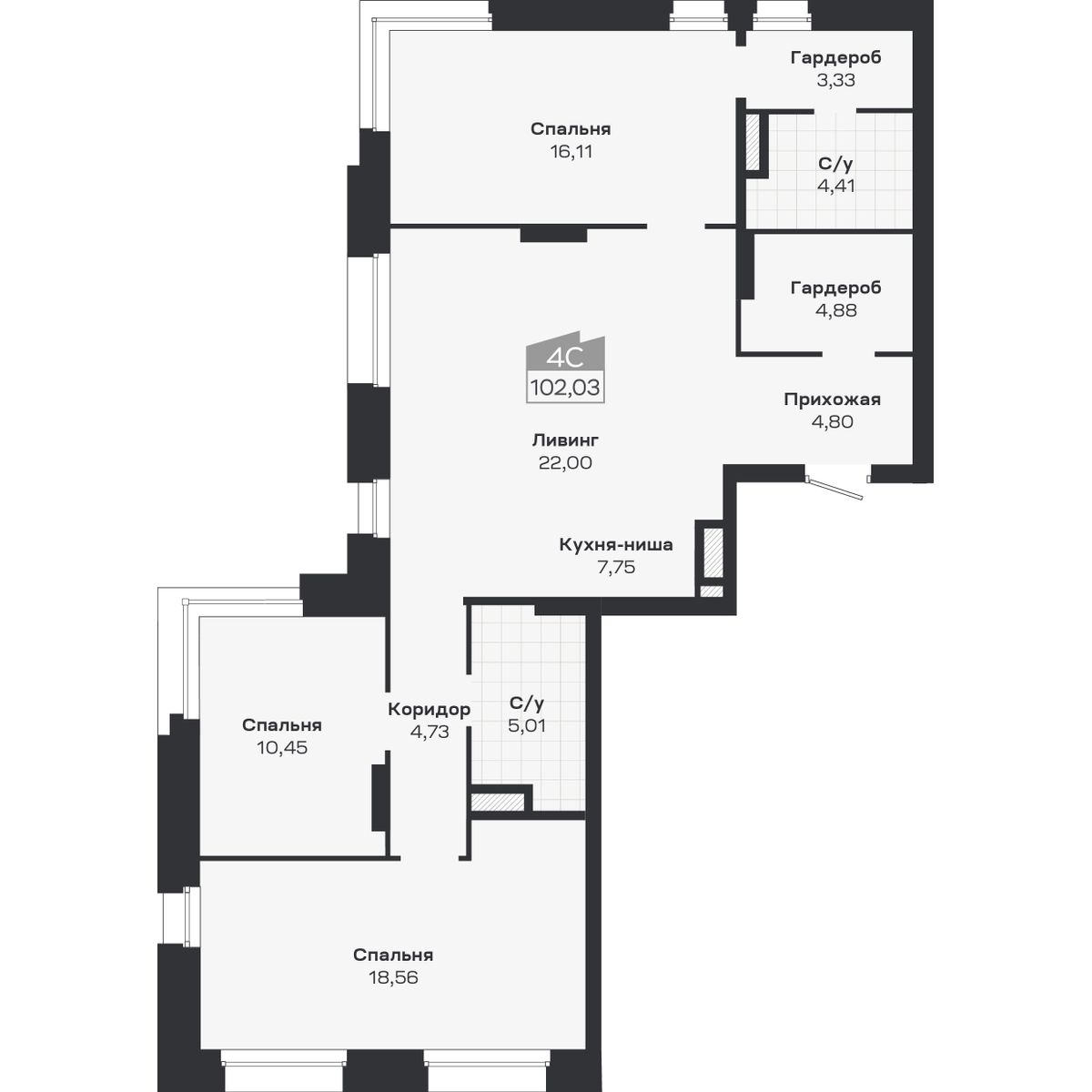 4-комнатная, 102.03 м², № 377 в Ясный берег-город у воды