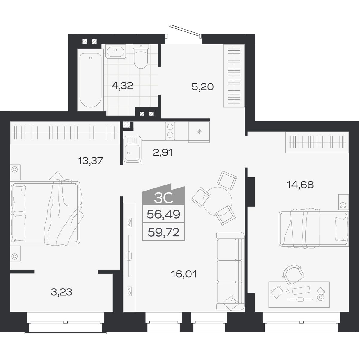 3-комнатная, 59.72 м², № 415 в Ясный берег-город у воды