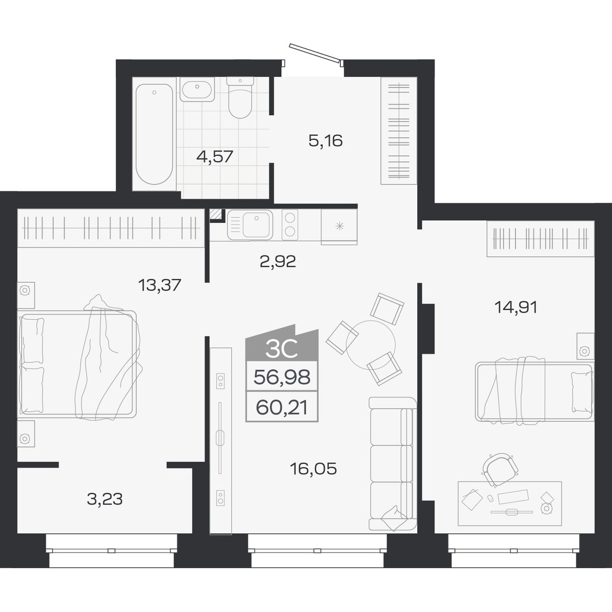 3-комнатная, 60.21 м², № 411 в Ясный берег-город у воды