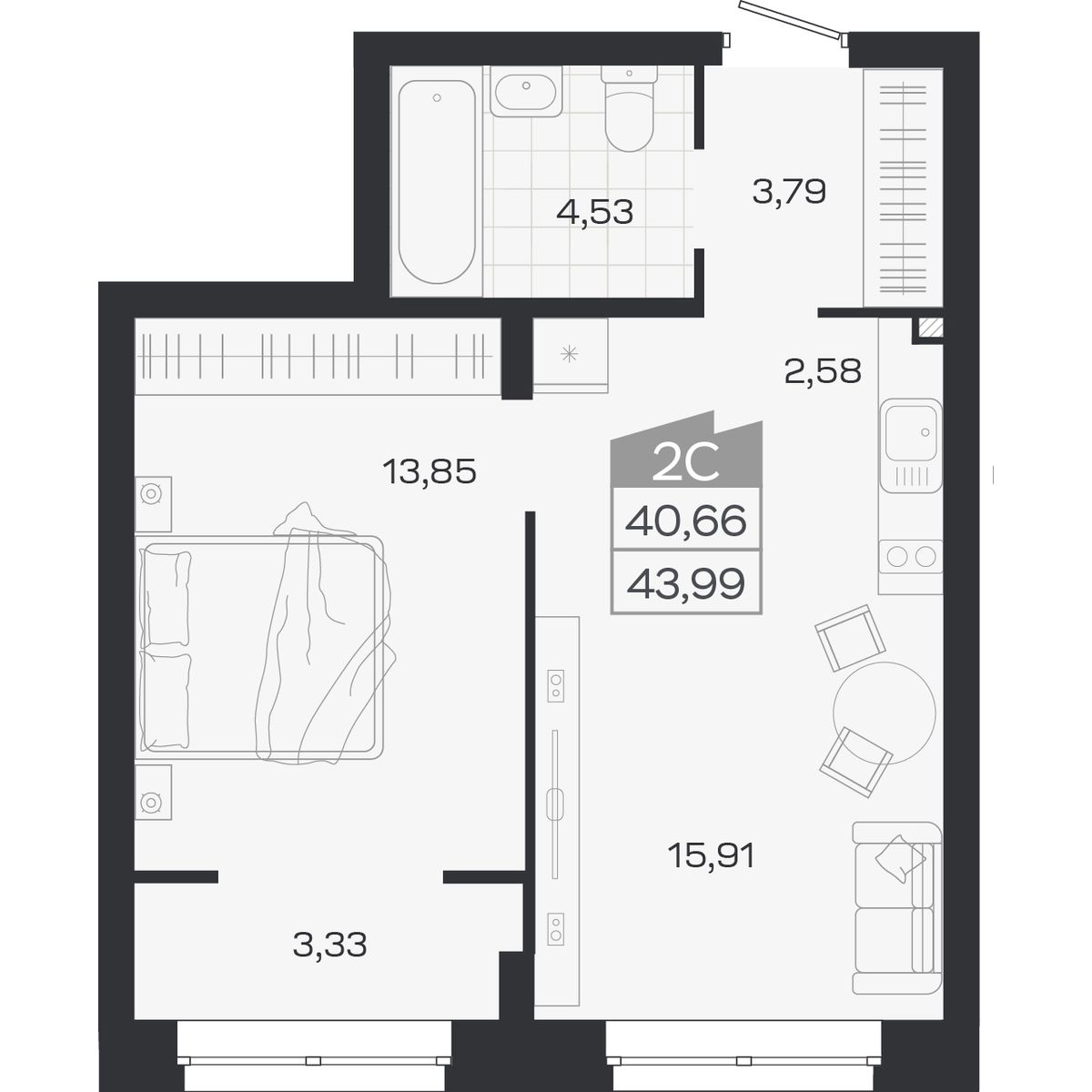 2-комнатная, 43.99 м², № 438 в Ясный берег-город у воды