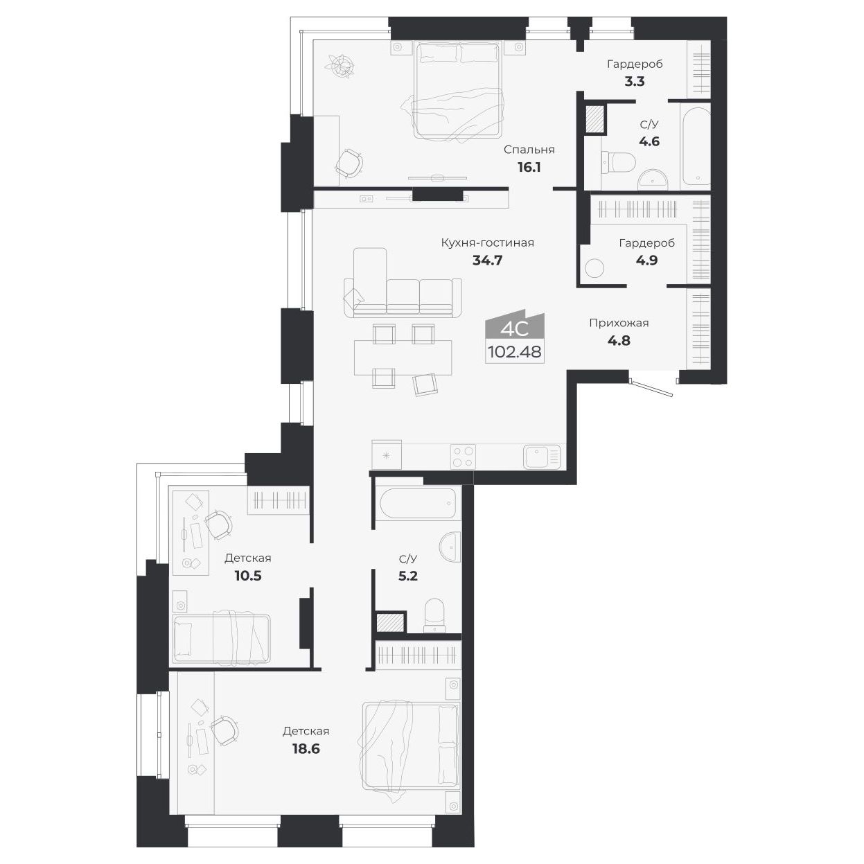 4-комнатная, 102.25 м², № 332 в Ясный берег-город у воды