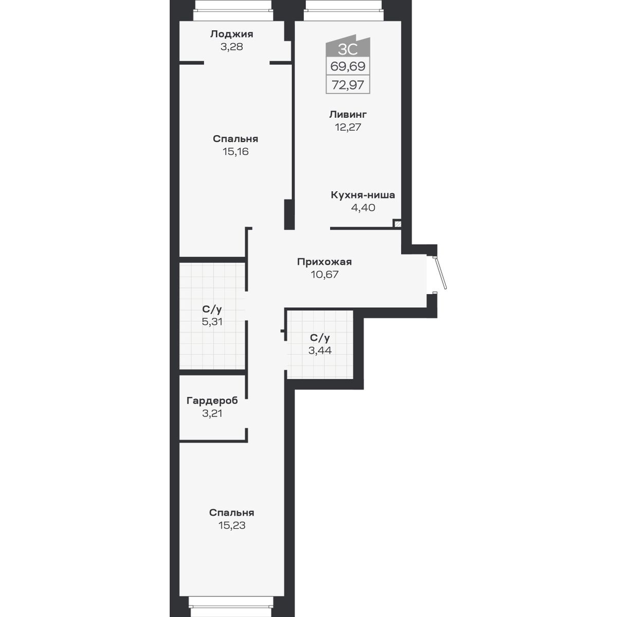 3-комнатная, 72.97 м², № 386 в Ясный берег-город у воды