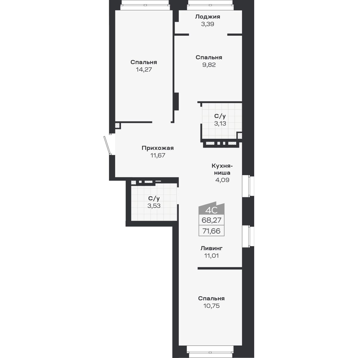 4-комнатная, 71.66 м², № 452 в Ясный берег-город у воды