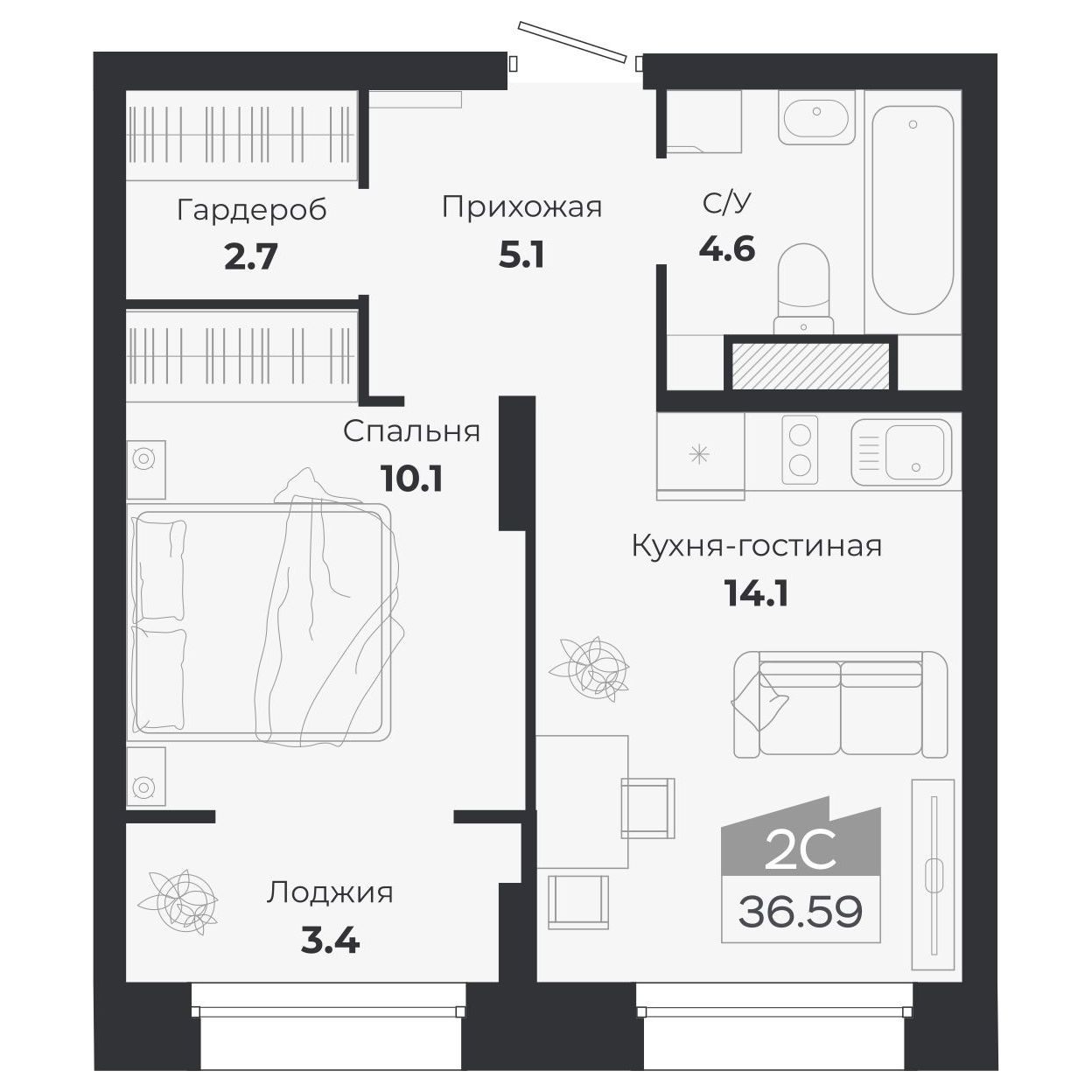 2-комнатная, 39.94 м², № 365 в Ясный берег-город у воды