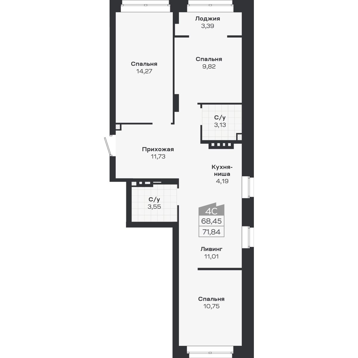 4-комнатная, 71.84 м², № 440 в Ясный берег-город у воды