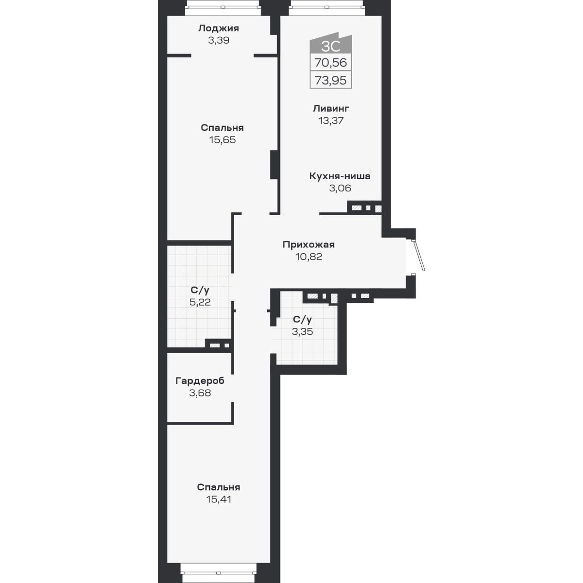 3-комнатная, 73.95 м², № 420 в Ясный берег-город у воды