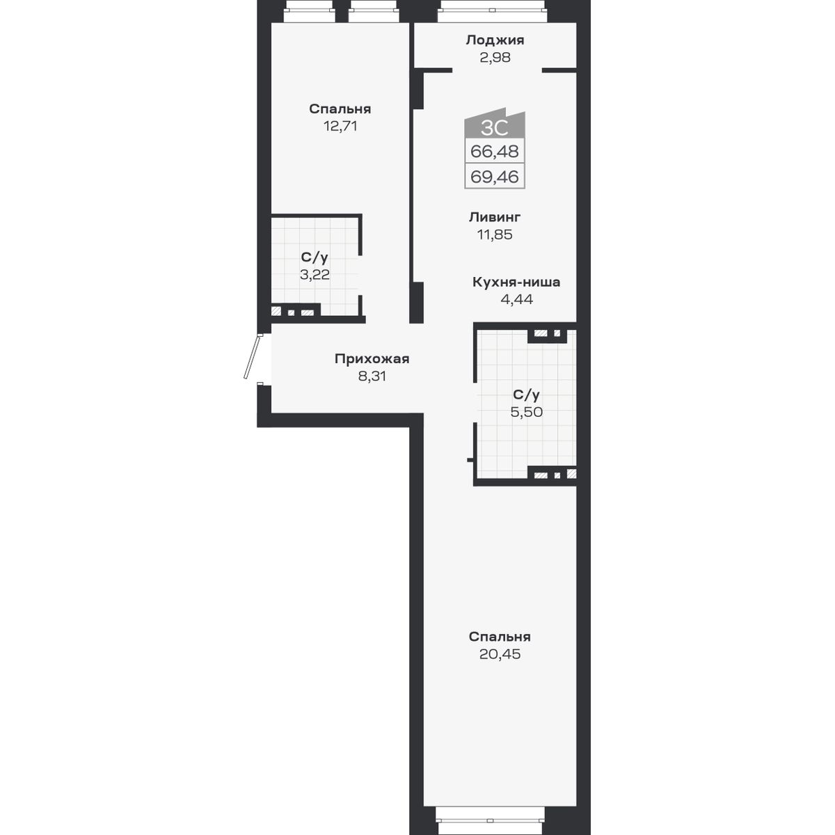 3-комнатная, 69.46 м², № 417 в Ясный берег-город у воды