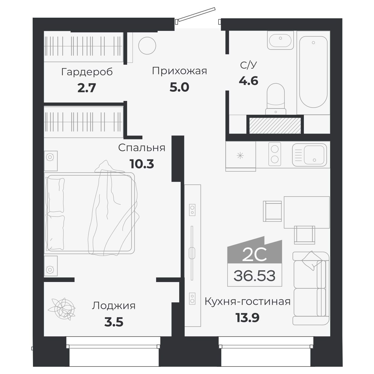 2-комнатная, 40.11 м², № 336 в Ясный берег-город у воды