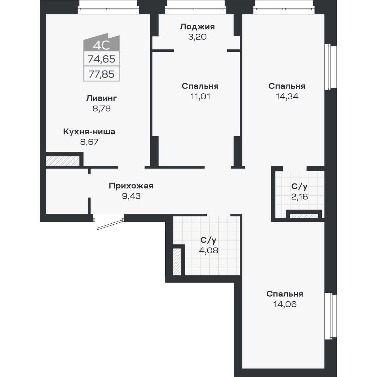 4-комнатная, 77.85 м², № 373 в Ясный берег-город у воды