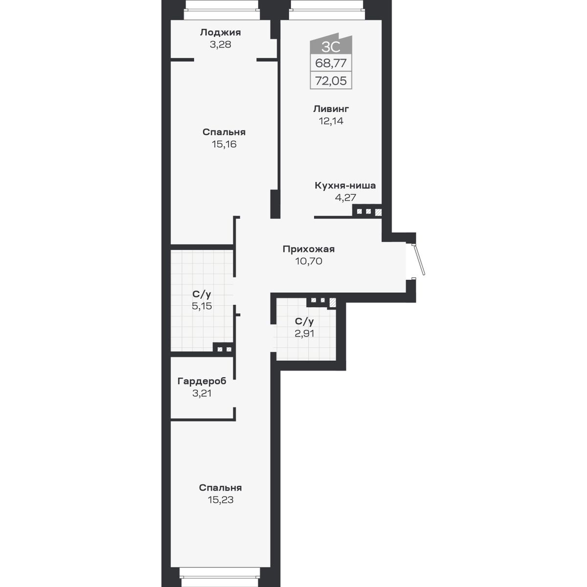 3-комнатная, 72.05 м², № 390 в Ясный берег-город у воды