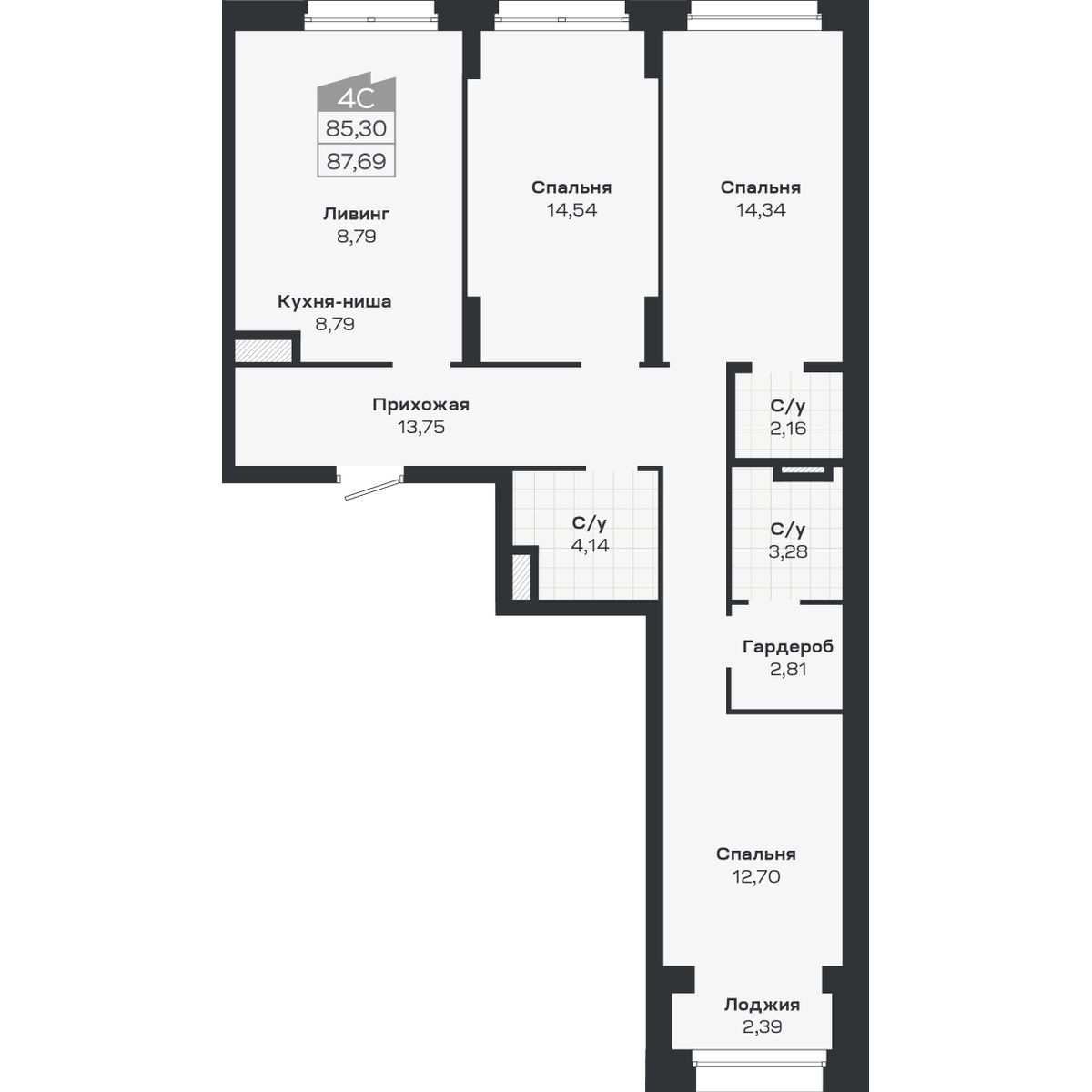4-комнатная, 87.69 м², № 333 в Ясный берег-город у воды
