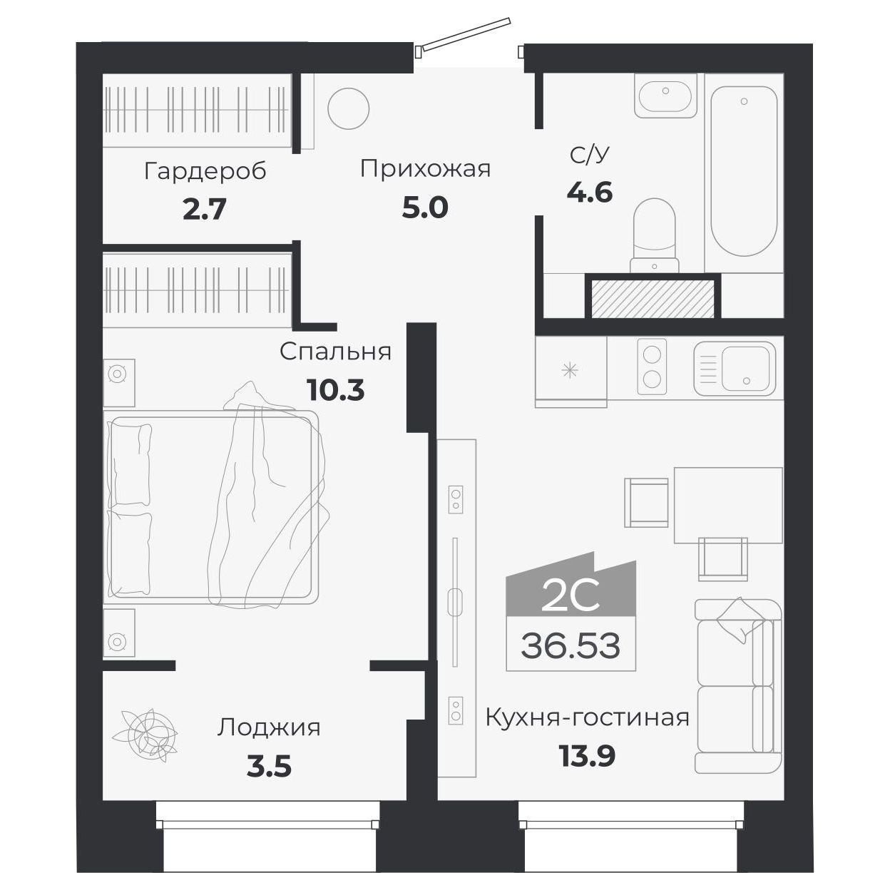 2-комнатная, 39.93 м², № 381 в Ясный берег-город у воды