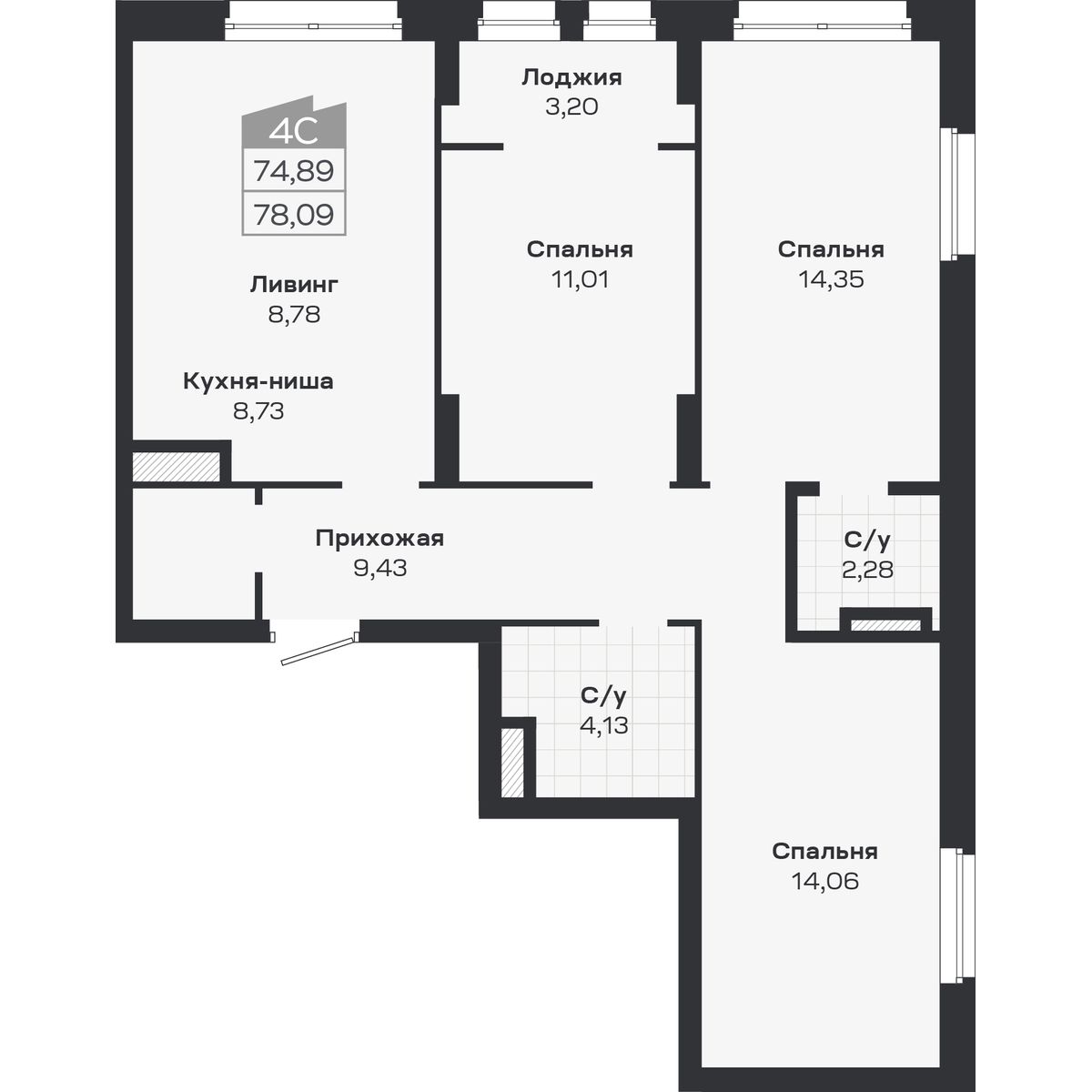 4-комнатная, 78.09 м², № 358 в Ясный берег-город у воды