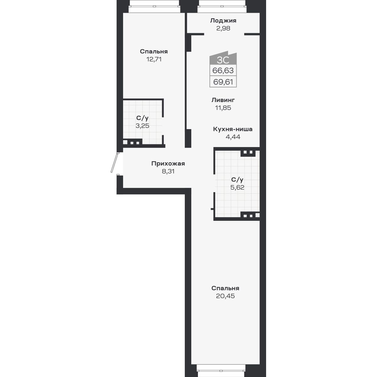 3-комнатная, 69.61 м², № 413 в Ясный берег-город у воды