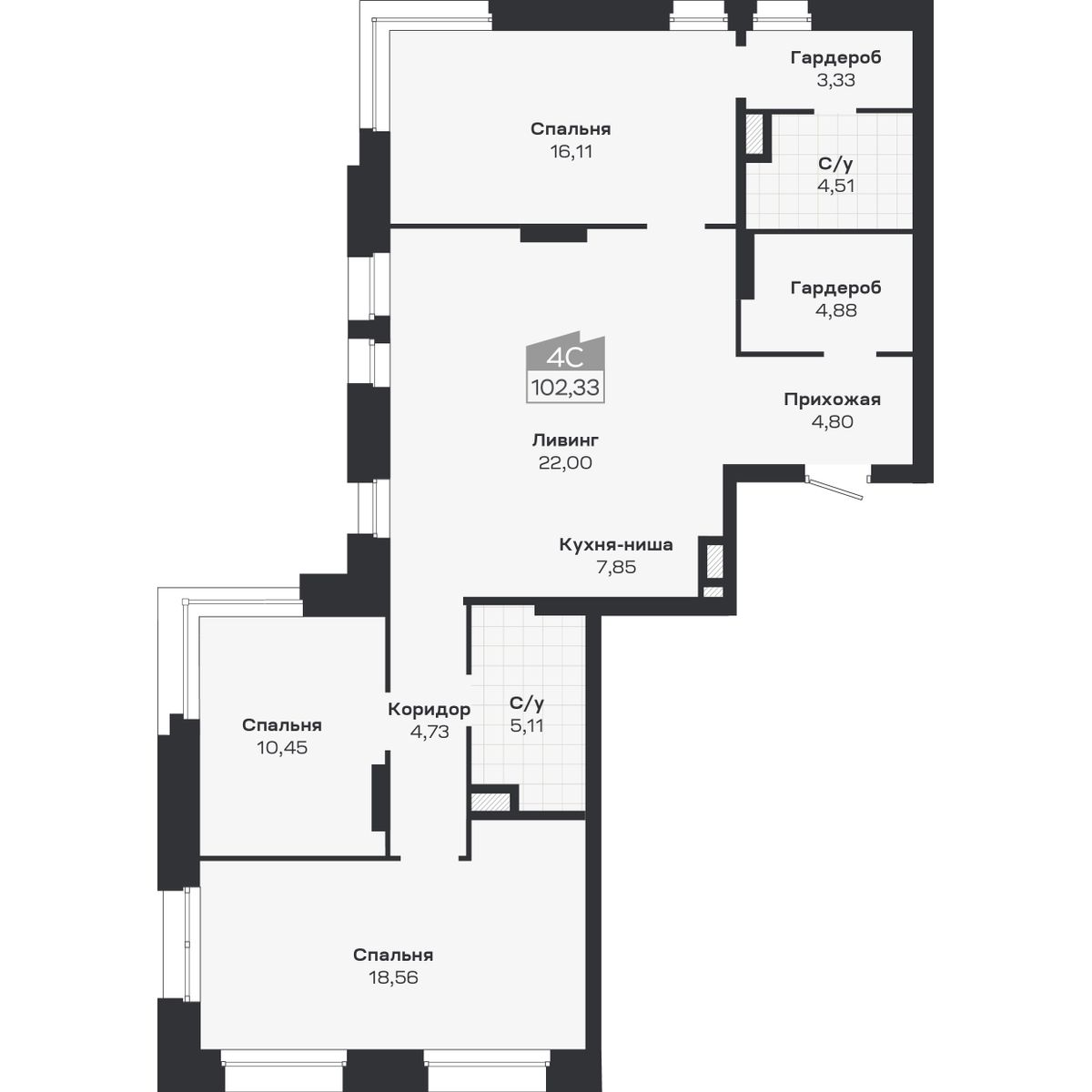 4-комнатная, 102.33 м², № 332 в Ясный берег-город у воды