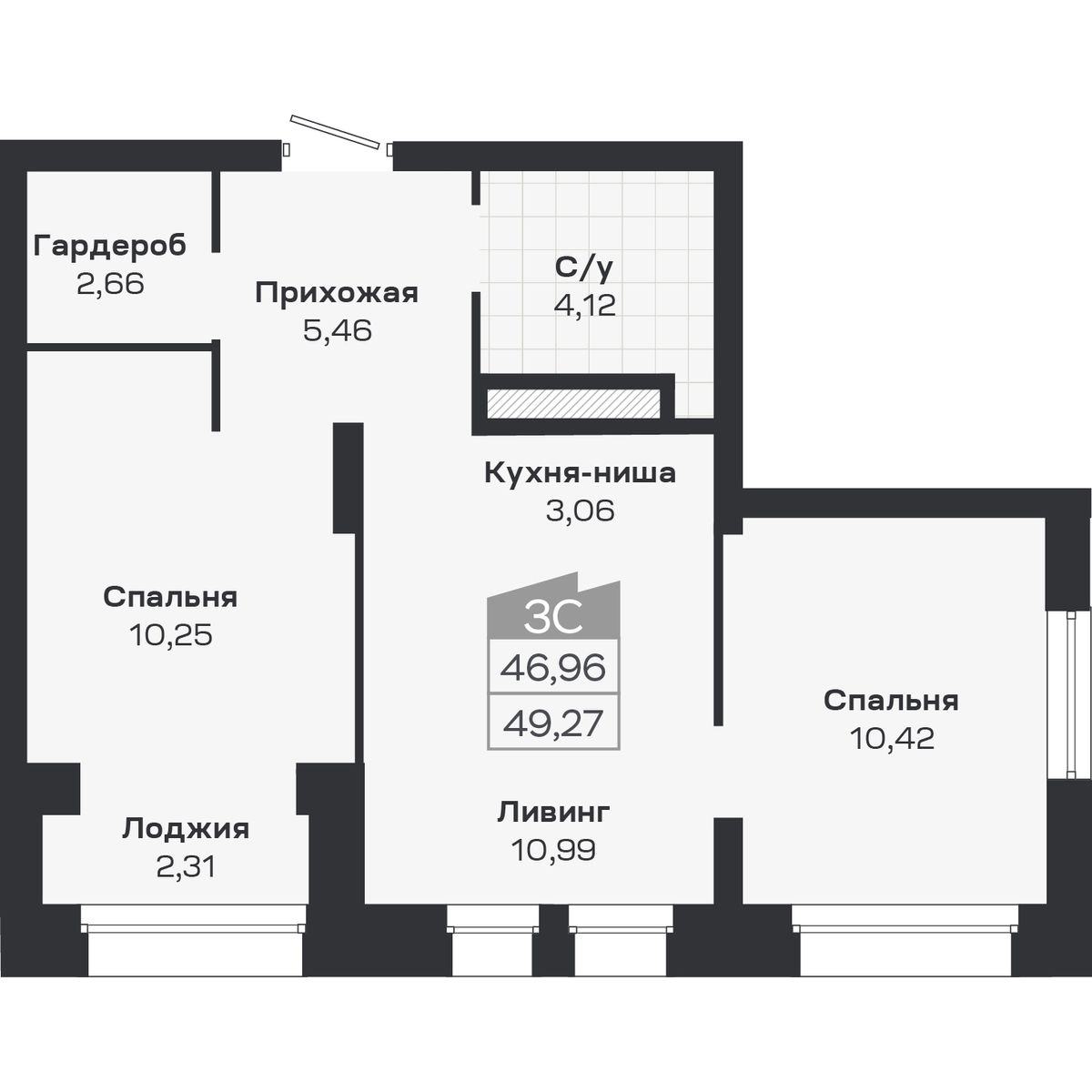 3-комнатная, 49.27 м², № 369 в Ясный берег-город у воды