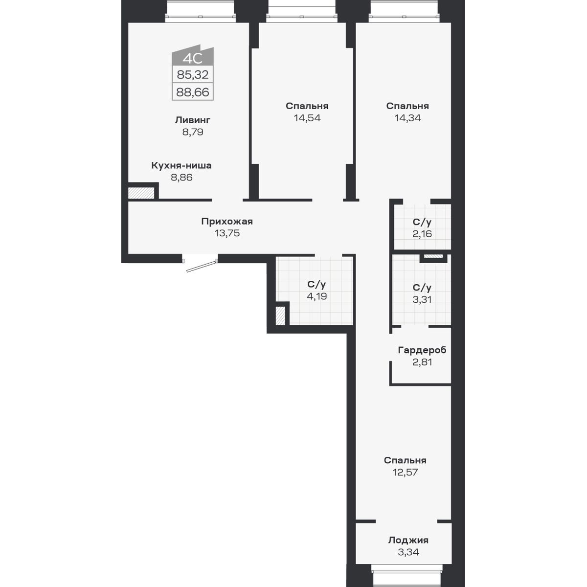 4-комнатная, 88.66 м², № 313 в Ясный берег-город у воды