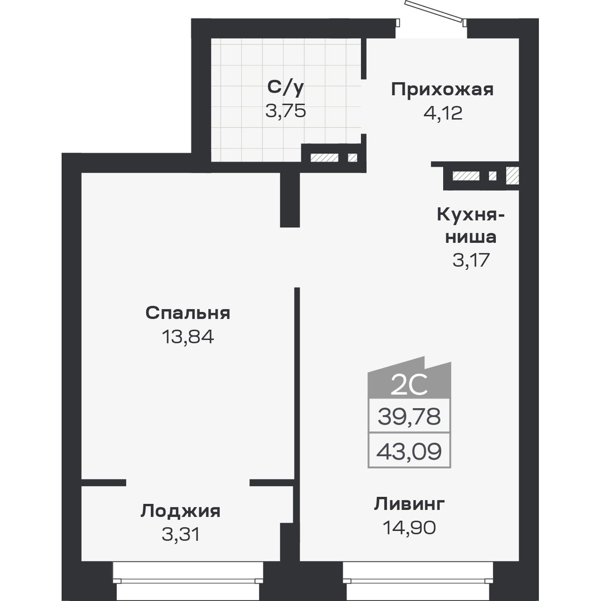 2-комнатная, 43.09 м², № 401 в Ясный берег-город у воды