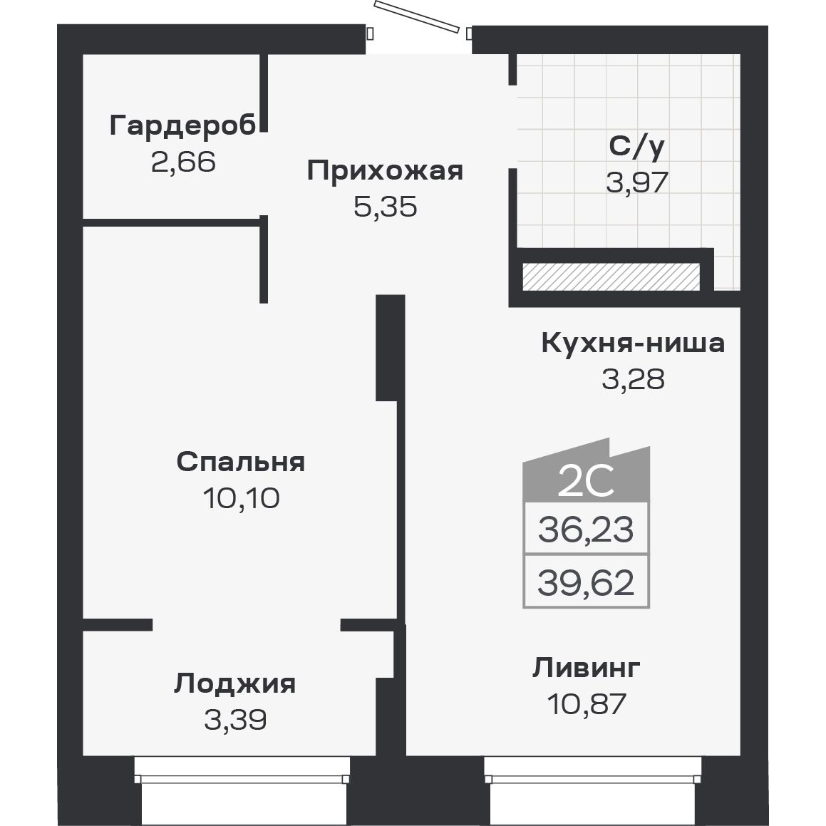2-комнатная, 39.62 м², № 375 в Ясный берег-город у воды