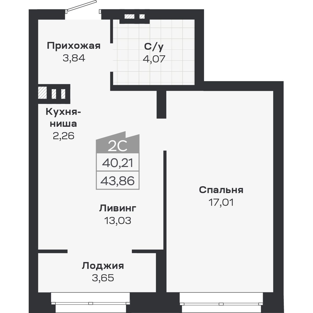 2-комнатная, 43.86 м², № 445 в Ясный берег-город у воды