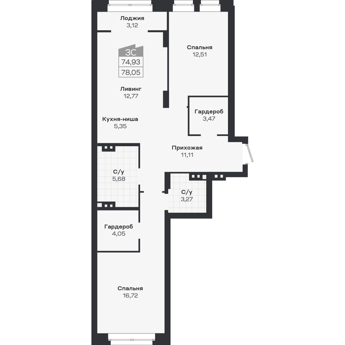 3-комнатная, 78.05 м², № 443 в Ясный берег-город у воды