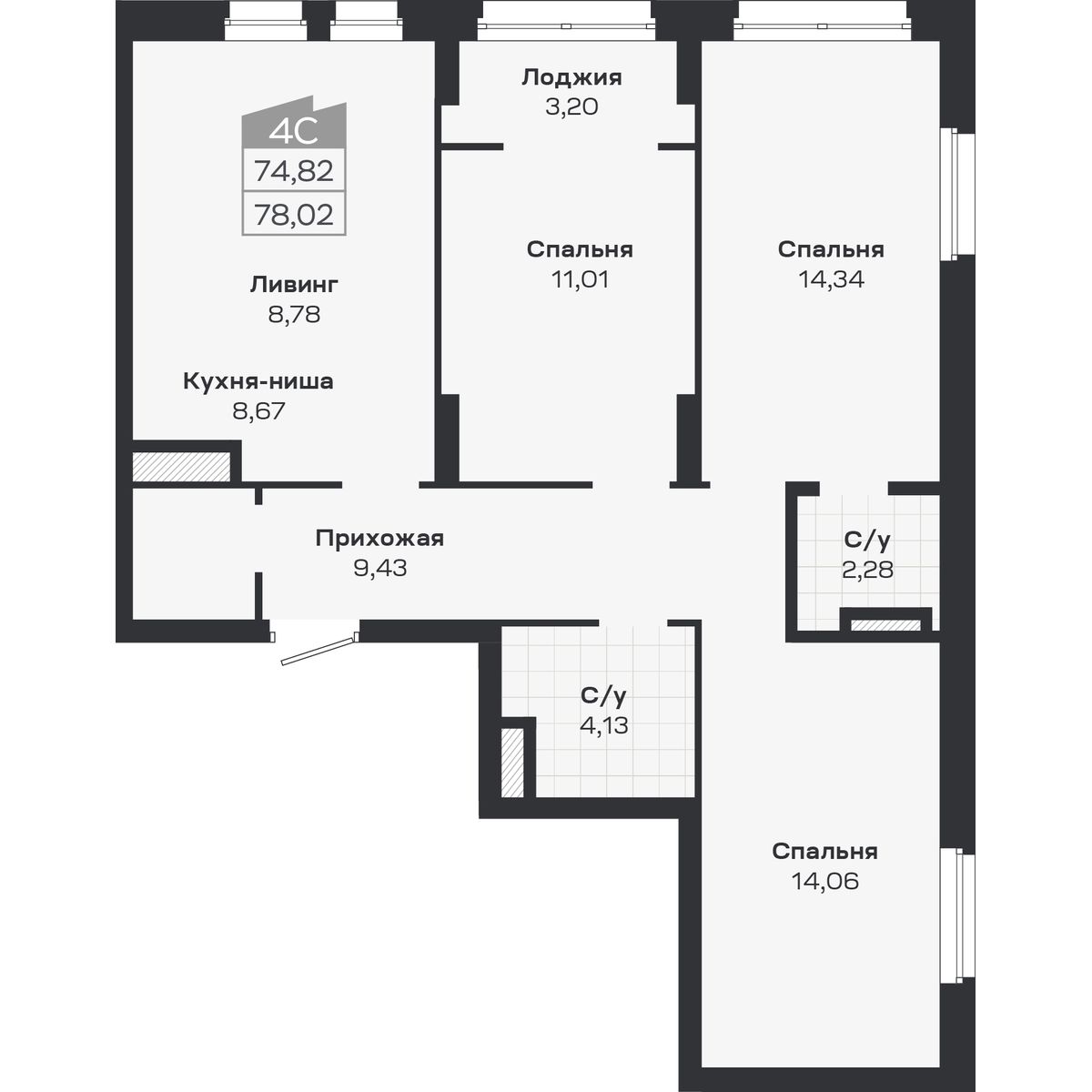 4-комнатная, 78.02 м², № 368 в Ясный берег-город у воды