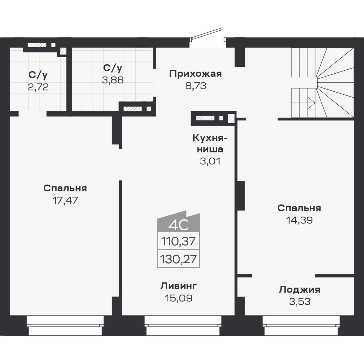 4-комнатная, 130.27 м², № 407 в Ясный берег-город у воды