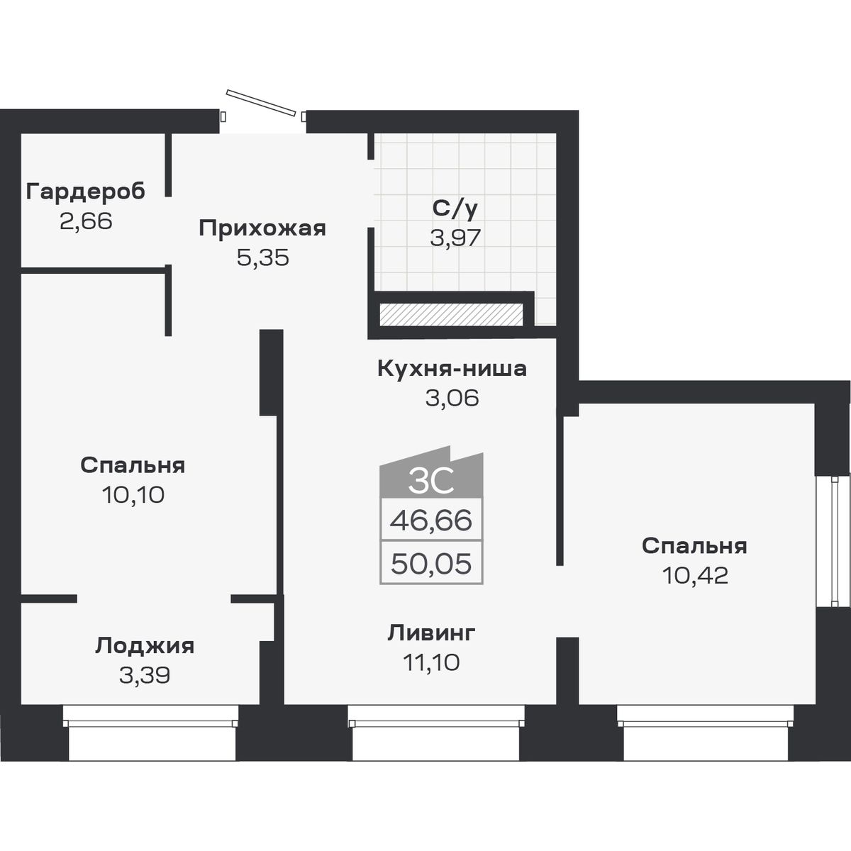 3-комнатная, 50.05 м², № 374 в Ясный берег-город у воды