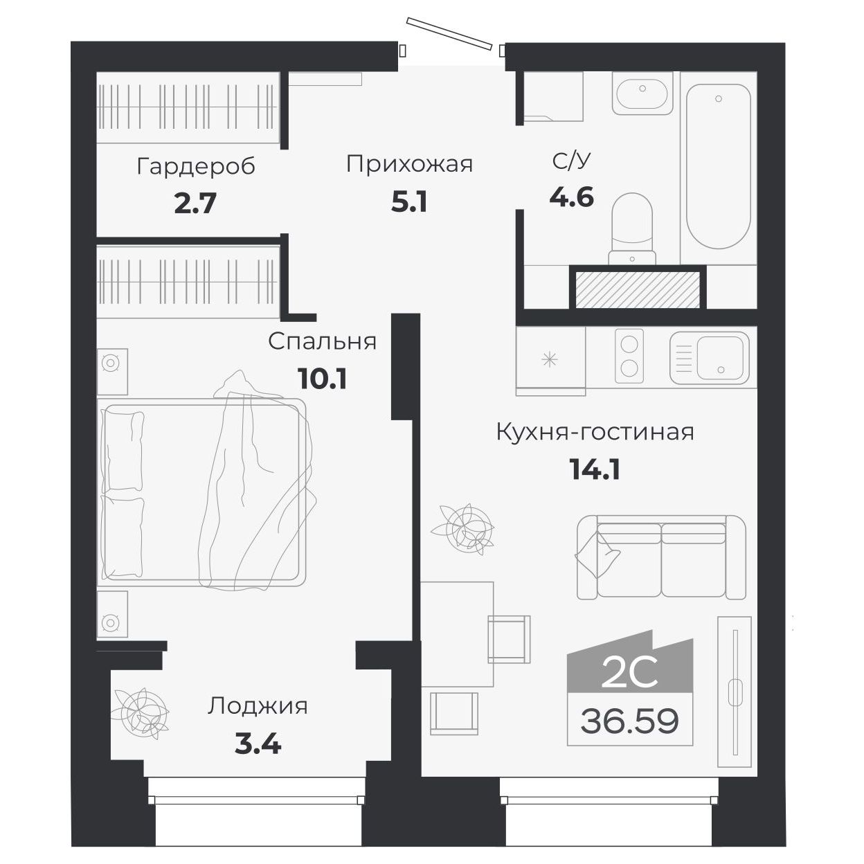 2-комнатная, 39.44 м², № 355 в Ясный берег-город у воды