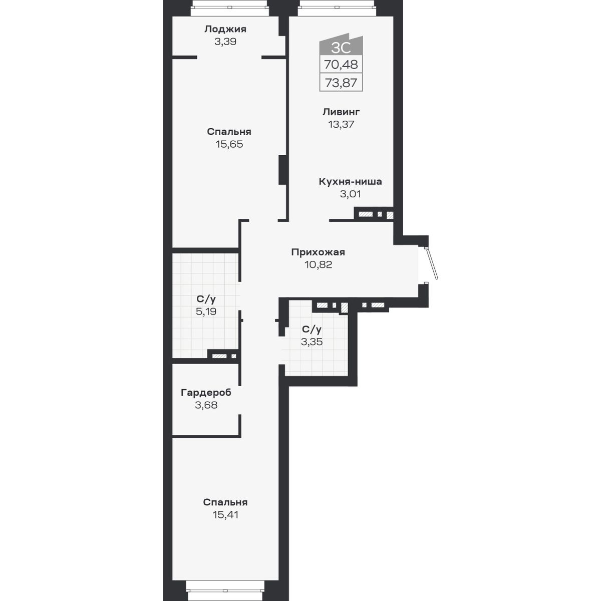 3-комнатная, 73.87 м², № 424 в Ясный берег-город у воды